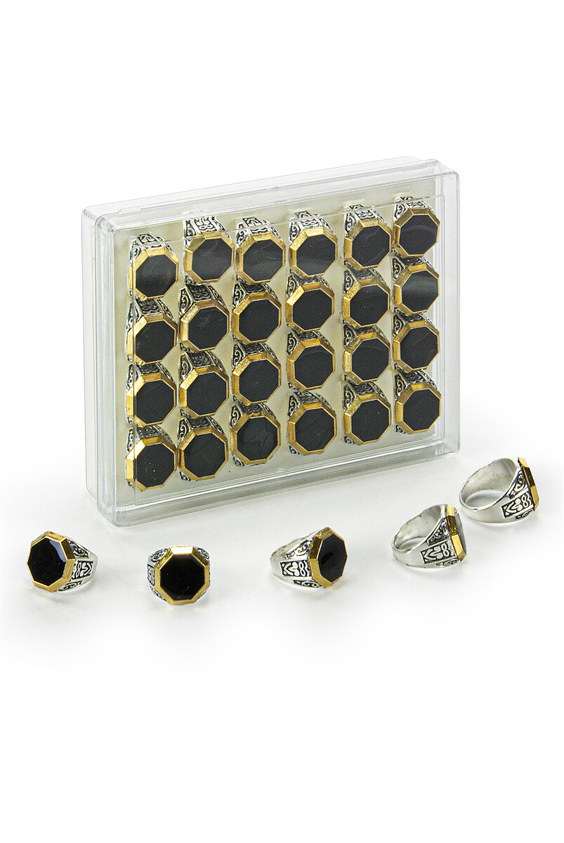 Hajj Umrah Gift 24 Pieces Patterned Octagonal Look Yellow Men's Ring - 1