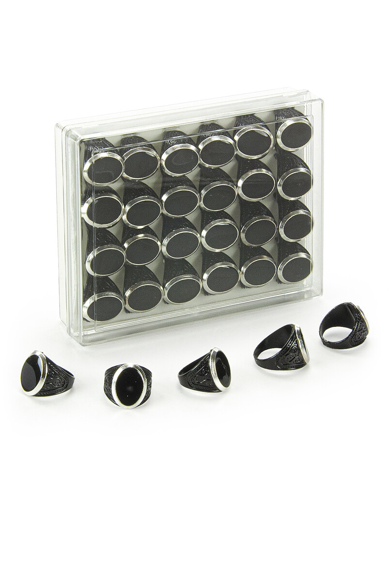 Hajj Umrah Gift 24 Pieces Patterned Oval Black Men's Ring - 1