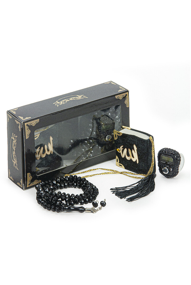 Hajj Umrah Gift Set with Stone Chanting, Mini Quran and Crystal Stone Prayer Beads, Black Color - 1