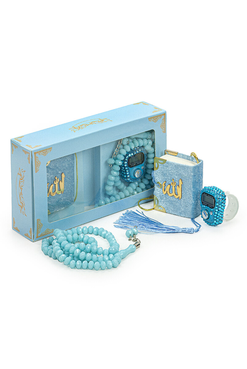 Hajj Umrah Gift Set with Stone Chanting, Mini Quran and Crystal Stone Prayer Beads, Blue Color - 1