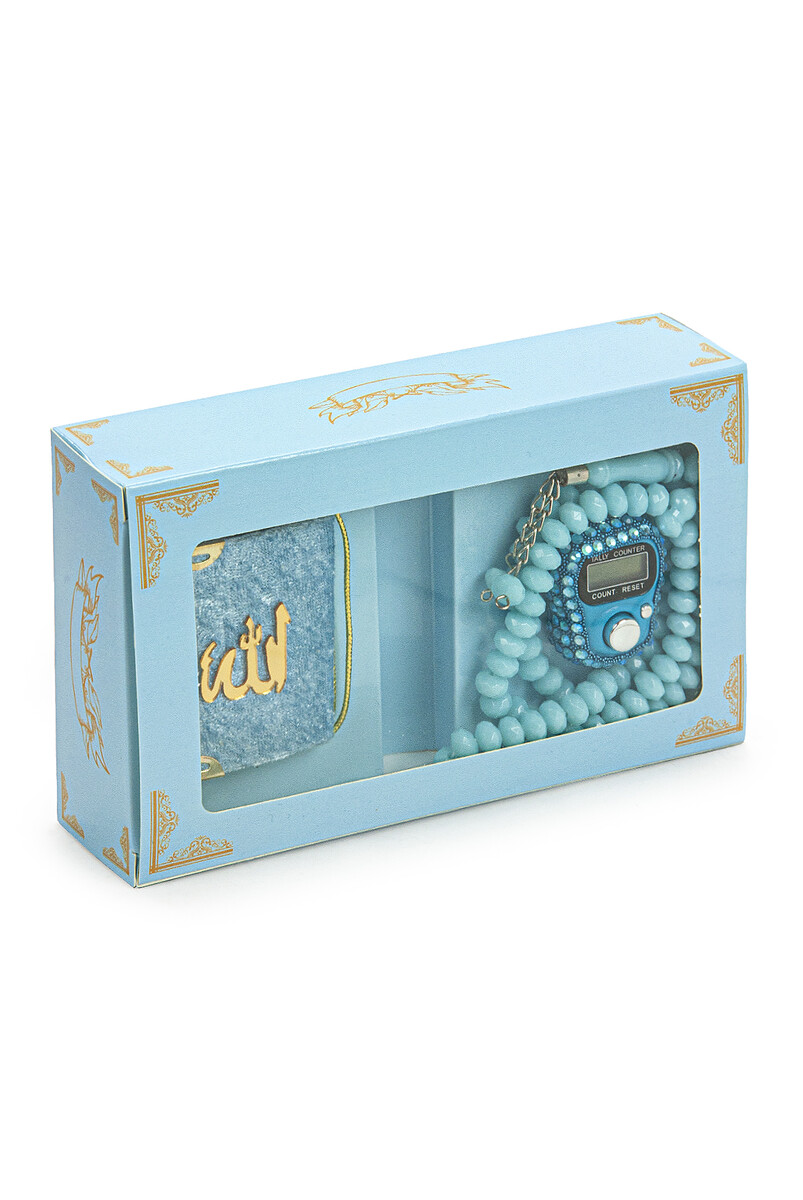 Hajj Umrah Gift Set with Stone Chanting, Mini Quran and Crystal Stone Prayer Beads, Blue Color - 2