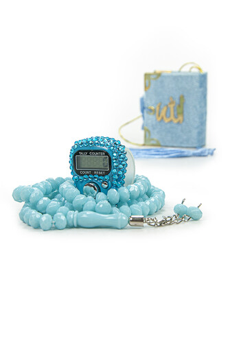 Hajj Umrah Gift Set with Stone Chanting, Mini Quran and Crystal Stone Prayer Beads, Blue Color - 3