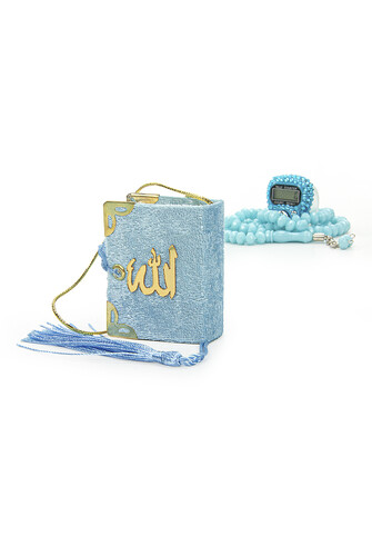 Hajj Umrah Gift Set with Stone Chanting, Mini Quran and Crystal Stone Prayer Beads, Blue Color - 4