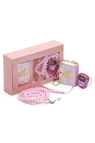 Hajj Umrah Gift Set with Stone Chanting, Mini Quran and Crystal Stone Prayer Beads, Pink Color - 1