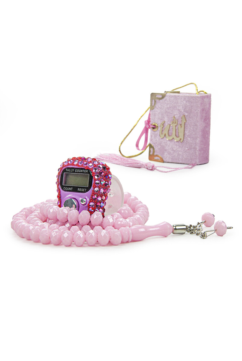 Hajj Umrah Gift Set with Stone Chanting, Mini Quran and Crystal Stone Prayer Beads, Pink Color - 3