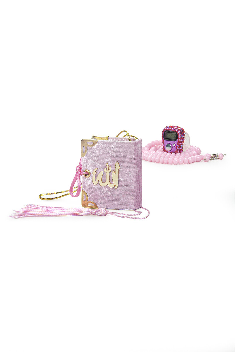 Hajj Umrah Gift Set with Stone Chanting, Mini Quran and Crystal Stone Prayer Beads, Pink Color - 4