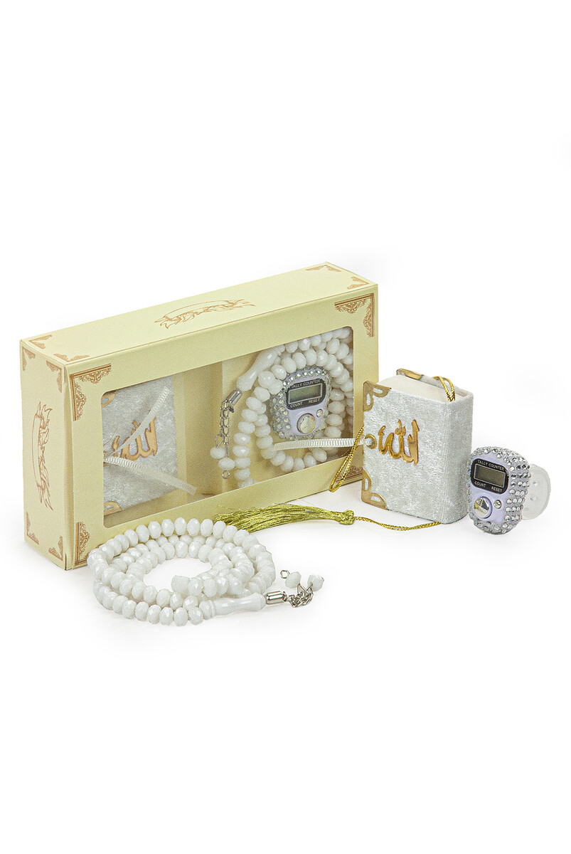 Hajj Umrah Gift Set with Stone Chanting, Mini Quran and Crystal Stone Prayer Beads, White Color - 1