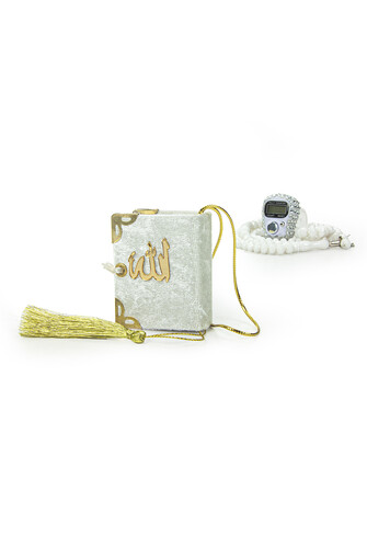 Hajj Umrah Gift Set with Stone Chanting, Mini Quran and Crystal Stone Prayer Beads, White Color - 3