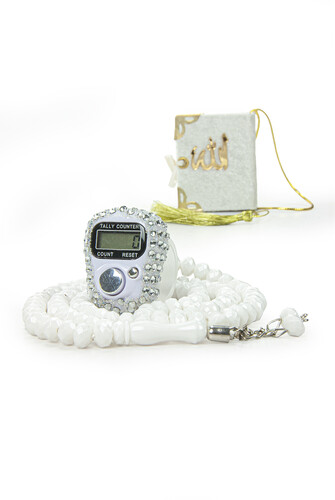 Hajj Umrah Gift Set with Stone Chanting, Mini Quran and Crystal Stone Prayer Beads, White Color - 4