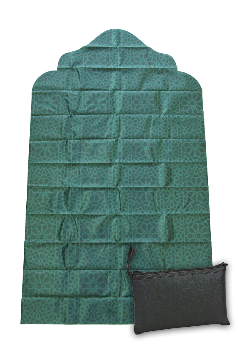 Hajj Umrah, Vehicle and Travel Prayer Mat with Green Leather Bag and Non-Slip Base - 1