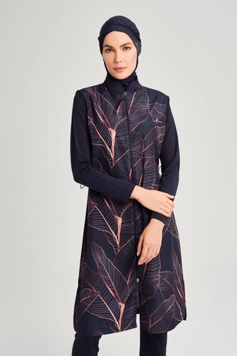 Haşema Eftalya Leaf Patterned Gilet Fully Covered Hijab Swimsuit HSM-3011 Navy Blue - 2