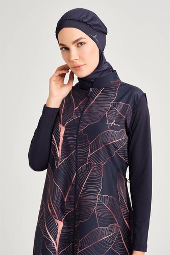 Haşema Eftalya Leaf Patterned Gilet Fully Covered Hijab Swimsuit HSM-3011 Navy Blue - 4