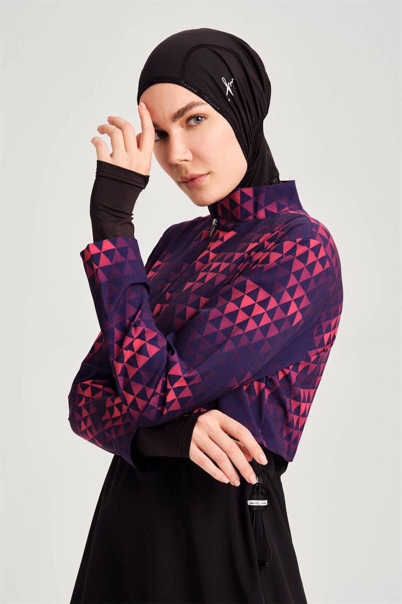 Haşema Esila Black Fuchsia Gilet Patterned Fully Covered Hijab Swimsuit HSM2934 - 5