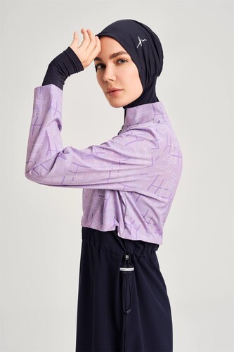 Haşema Esila Monogram Patterned Fully Covered Hijab Swimsuit HSM-2934 Lilac - 7