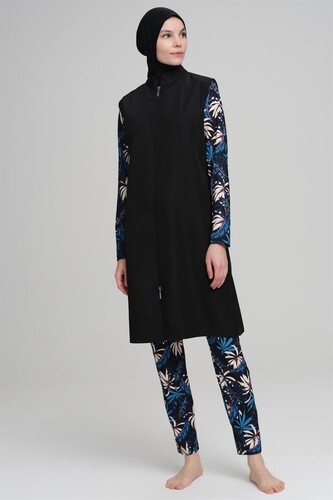 Haşema Nehar Blue Leaf Patterned Black Gilet Fully Covered Hijab Swimsuit Set 2226 - 1