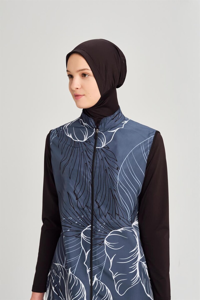 Haşema Nehar Colored Leaf Patterned Black Gilet Fully Covered Hijab Swimsuit Set 2251 - 3