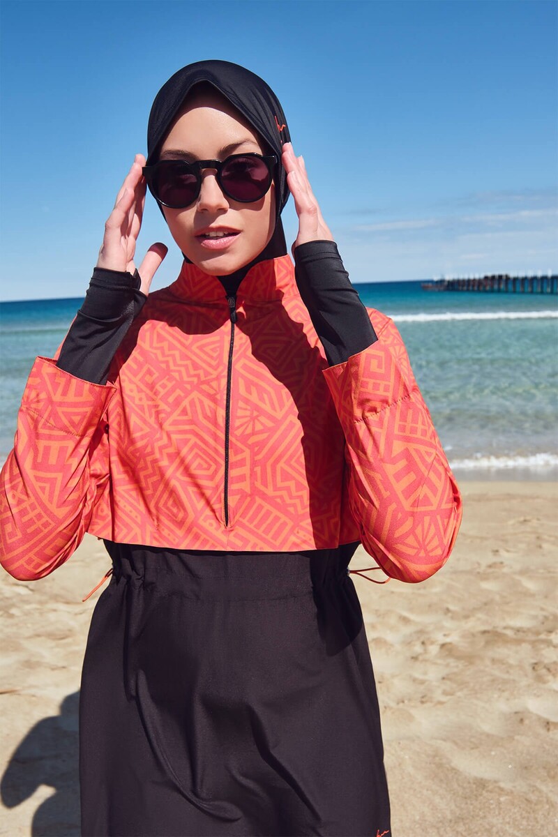 Haşema Esila HSM-2934-22 Orange Black Gilet Full Hijab Swimsuit - 2