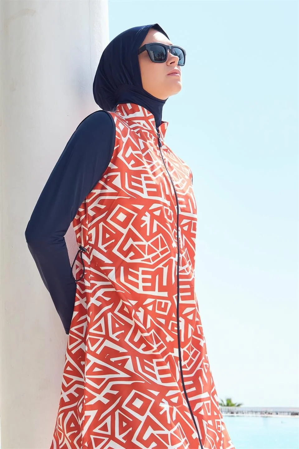 Hashema Geometric Patterned Gilet Full Closed Hijab Swimsuit Set HSM-3004 Orange - 1