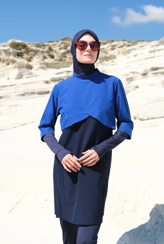 Hashema Su Full Closed Hijab Swimsuit With Back Pleat Detail Gilet HSM-3058 Saks Blue - 1