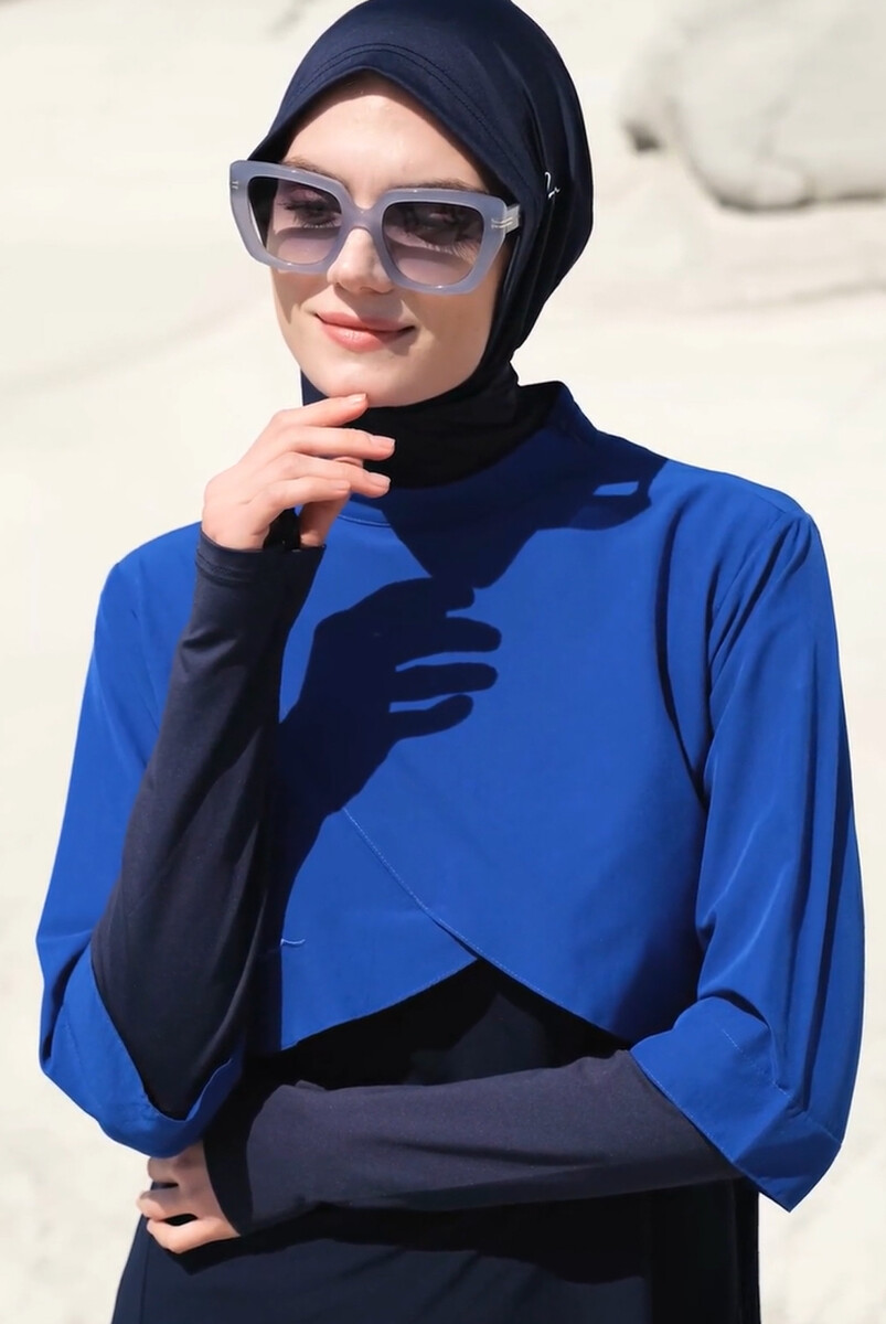 Hashema Su Full Closed Hijab Swimsuit With Back Pleat Detail Gilet HSM-3058 Saks Blue - 2