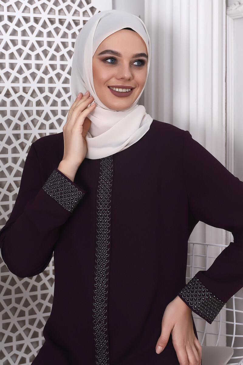 Herringbone Stone Plum Abaya 9378-22 - 5