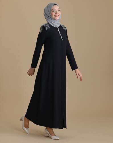 Hidden Zipper Hijab Abaya with Black Stone Epaulette Detail - 1