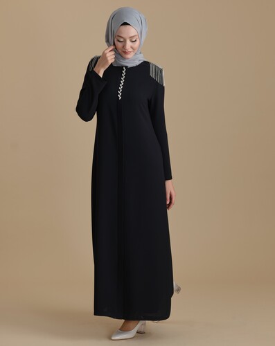 Hidden Zipper Hijab Abaya with Black Stone Epaulette Detail - 2