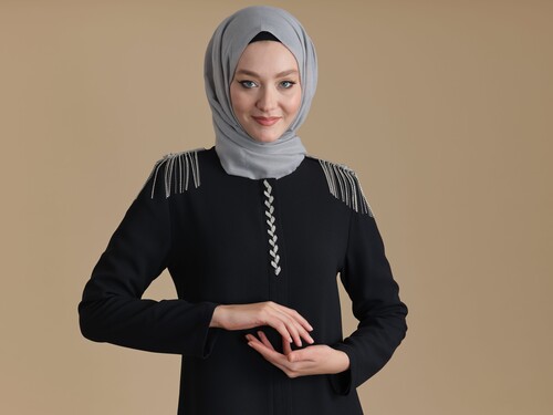 Hidden Zipper Hijab Abaya with Black Stone Epaulette Detail - 3