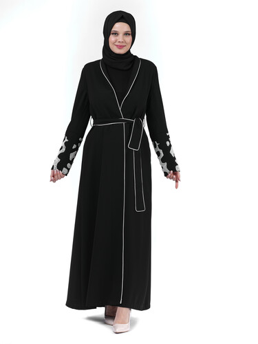 İki Parça Kol Ucu Boncuklu Tesettür Abaya Siyah 24378 - 4