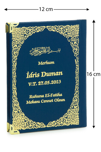 İsim Baskılı Vav Desenli Yaldızlı Deri Ciltli Çanta Boy Yasin Kitabı Mevlüt Hediyesi 128 Sayfa Mavi 