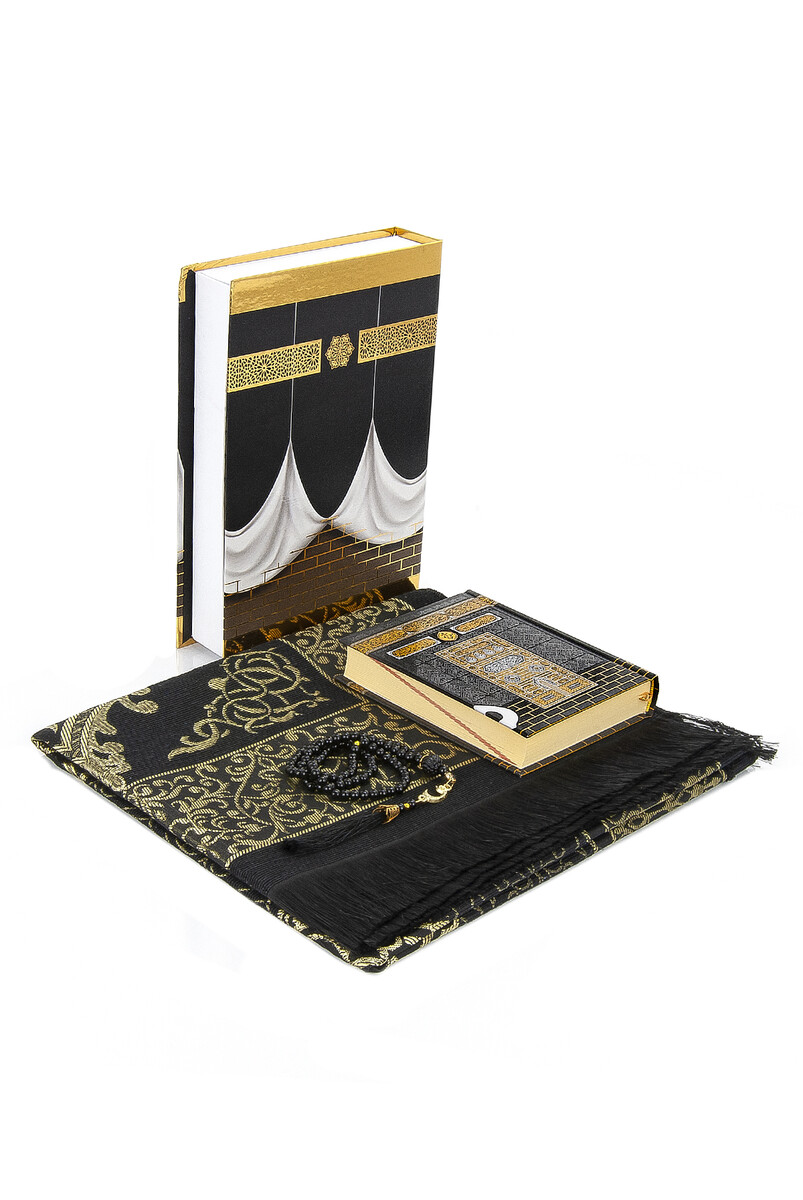 Kaaba Boxed Taffeta Prayer Rug and Kabeli Quran Set Black Color - 1