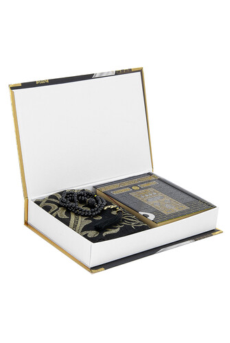 Kaaba Boxed Taffeta Prayer Rug and Kabeli Quran Set Black Color - 3