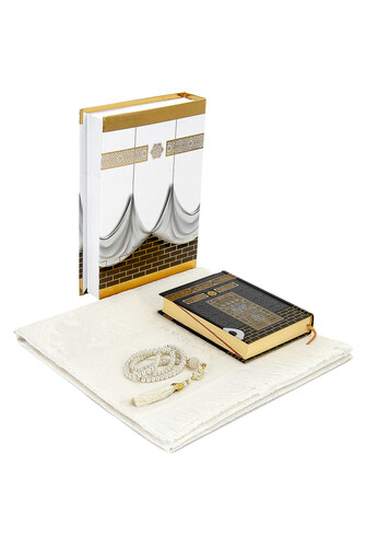 Kaaba Boxed Taffeta Prayer Rug and Kabeli Quran Set Cream Color - 1