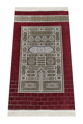 Kaaba Door Patterned Chenille Prayer Rug Red Color - 1