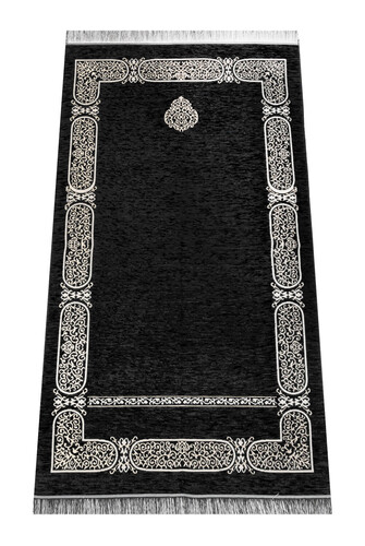 Kaaba Patterned Chenille Prayer Rug - Black Color - 1