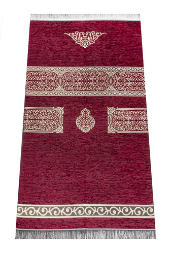 Kaaba Patterned Chenille Prayer Rug - Claret Red - 1