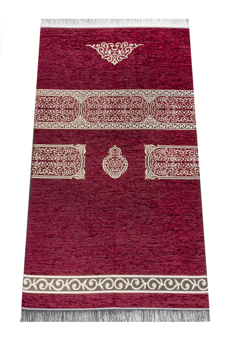 Kaaba Patterned Chenille Prayer Rug - Claret Red - 1