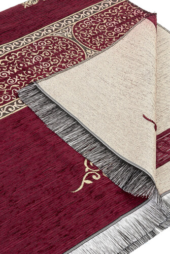 Kaaba Patterned Chenille Prayer Rug - Claret Red - 3