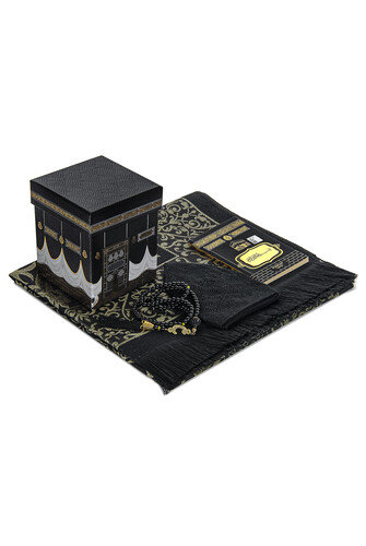 Kaaba Patterned Gift Mevlüt Set Black With Prayer Rug in Special Box - 1