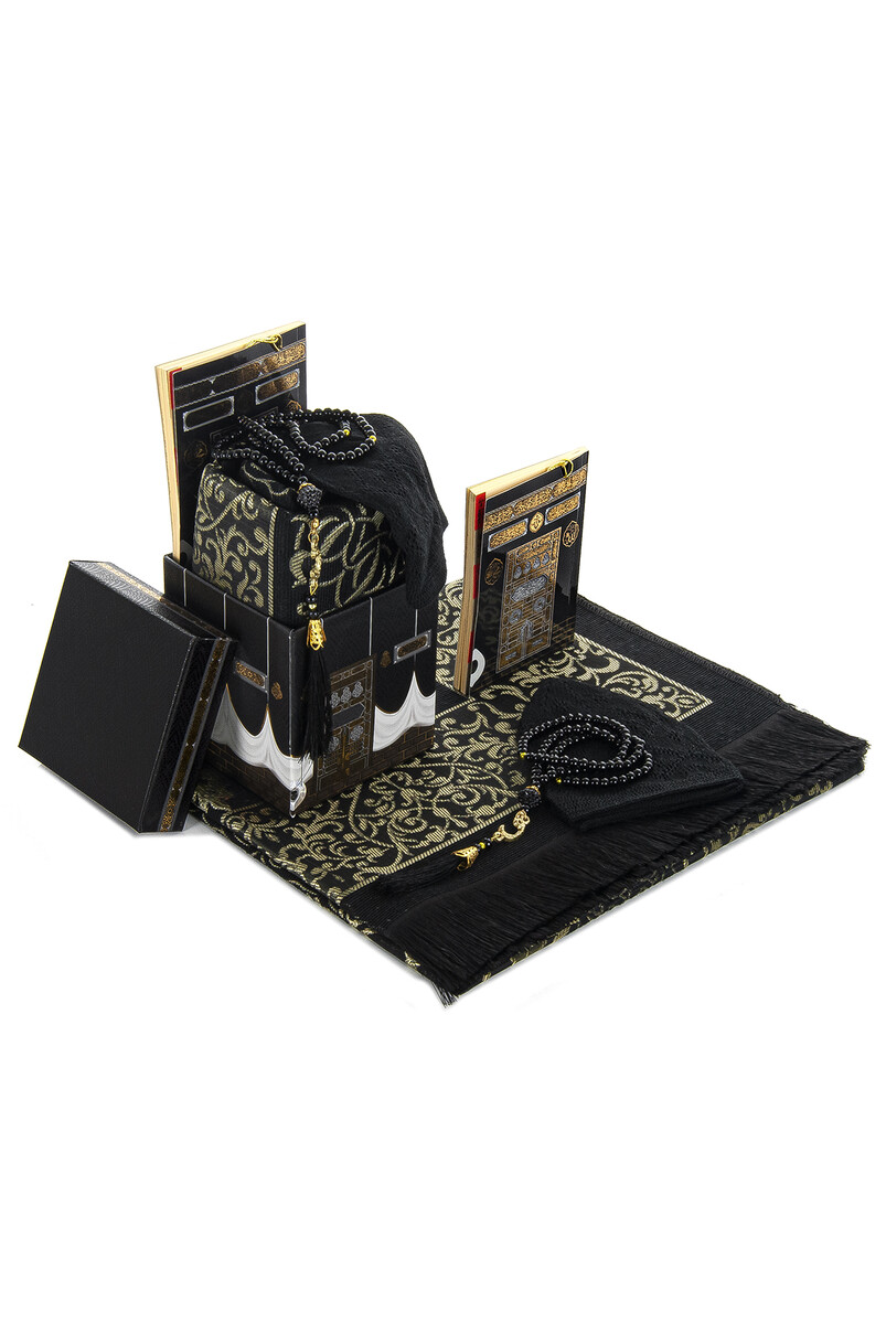 Kaaba Patterned Gift Mevlüt Set Black With Prayer Rug in Special Box - 3