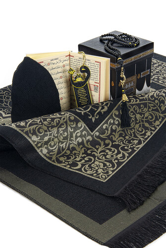 Kaaba Patterned Gift Mevlüt Set Black With Prayer Rug in Special Box - 4