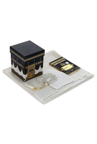 Kaaba Patterned Special Box with Prayer Rug Gift Mevlüt Set White - 1