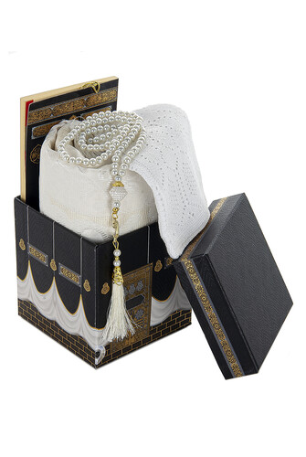 Kaaba Patterned Special Box with Prayer Rug Gift Mevlüt Set White - 2