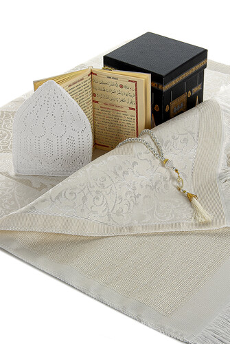 Kaaba Patterned Special Box with Prayer Rug Gift Mevlüt Set White - 3