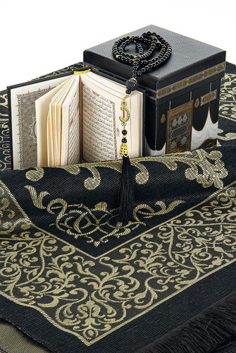 Kaaba Patterned Special Box - With Prayer Rug - Quran Mevlüt Set Black - 2