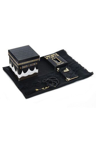 Kaaba Patterned Special Boxed Mevlüt Gift Set - Lace Scarf - Essence - Pearl Rosary - Velvet Covered Yasin Book - Black - 1