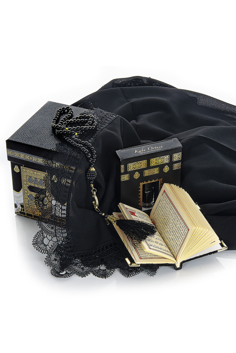 Kaaba Patterned Special Boxed Mevlüt Gift Set - Lace Scarf - Essence - Pearl Rosary - Velvet Covered Yasin Book - Black - 3