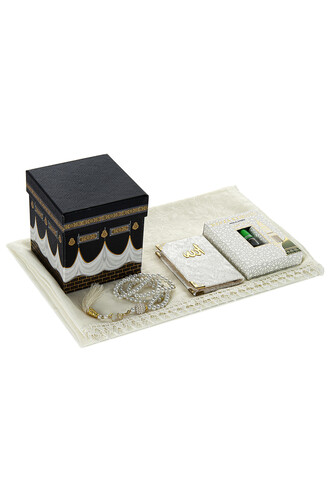 Kaaba Patterned Special Boxed Mevlüt Gift Set - Scalloped Cover - Ravza Fragrance - Pearl Rosary - Velvet Yasin Cream - 1