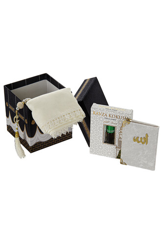 Kaaba Patterned Special Boxed Mevlüt Gift Set - Scalloped Cover - Ravza Fragrance - Pearl Rosary - Velvet Yasin Cream - 2