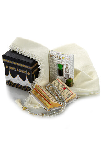 Kaaba Patterned Special Boxed Mevlüt Gift Set - Scalloped Cover - Ravza Fragrance - Pearl Rosary - Velvet Yasin Cream - 3